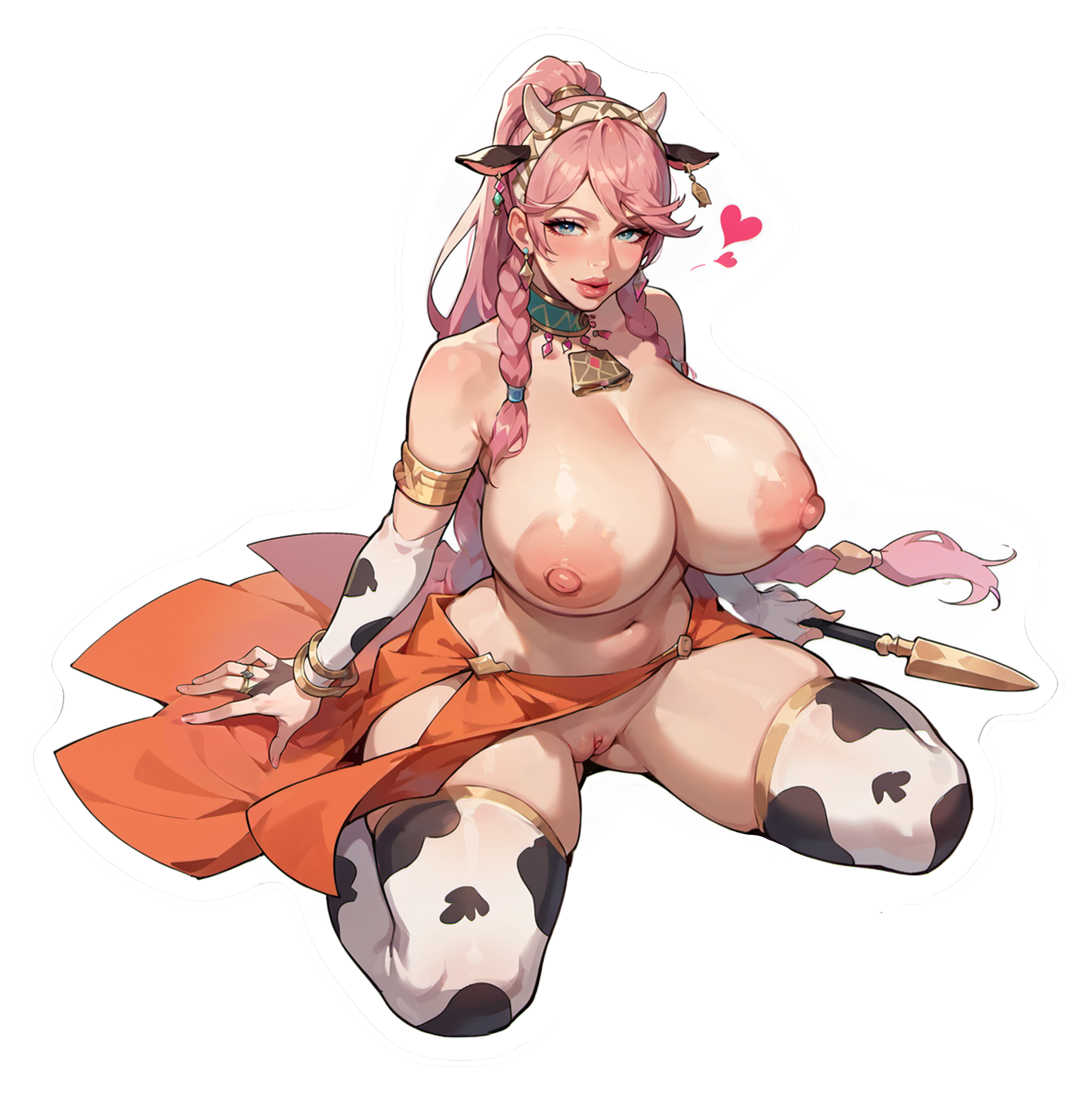 Olivia 2 versions available! Cow print bikini and horns, kneeling on the ground.