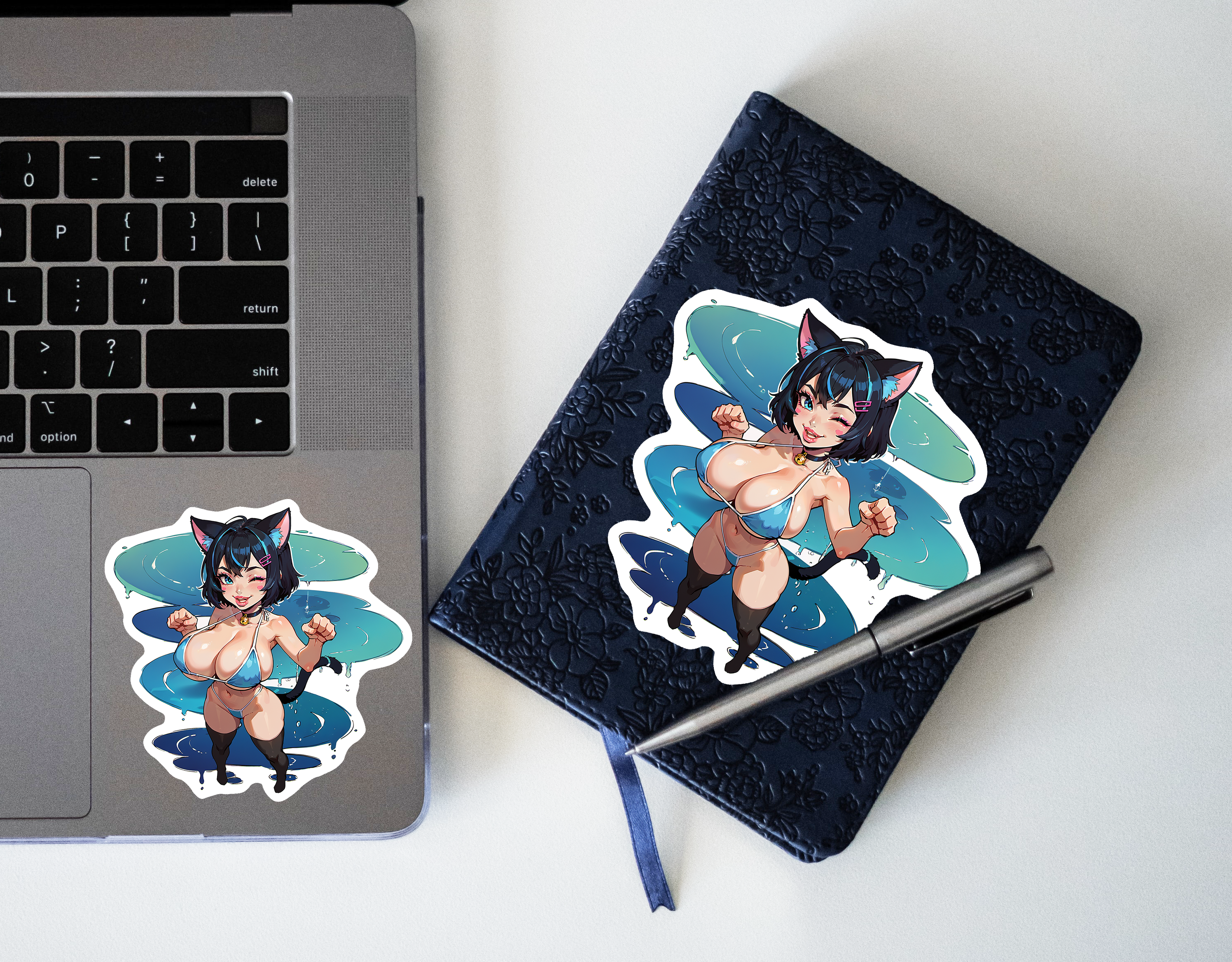Cleo - Cat Girl Anime Girl Sticker Adult, NSFW Lewd Anime Decal, Oppai Manga, Rule 34 Custom Art, Beautiful Woman, Water Background