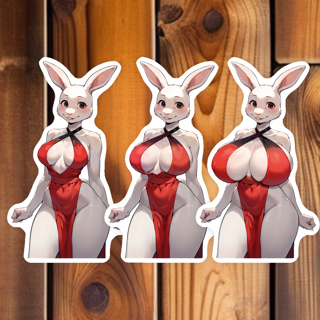 Haru - 6 versions - Red Dress - Beautiful white furred bunny girl