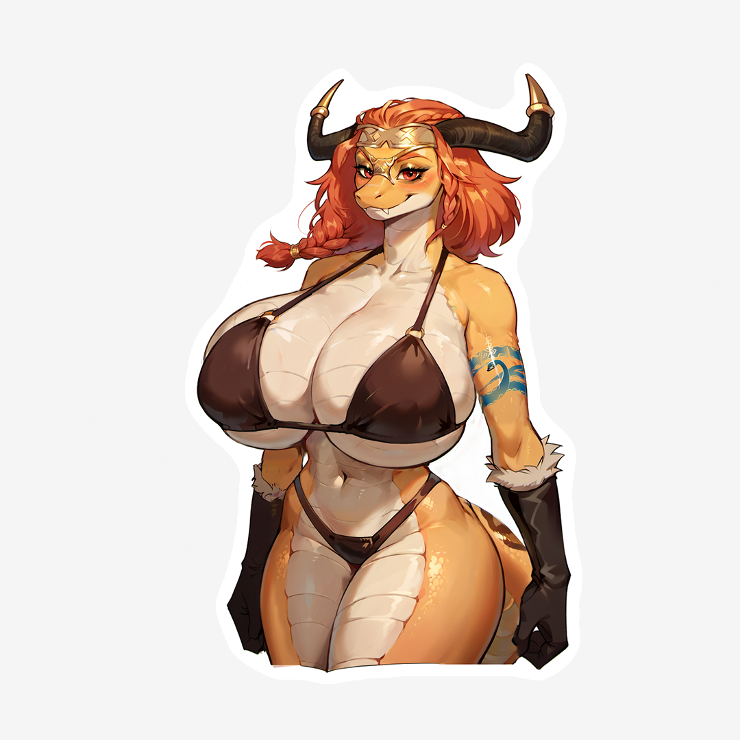 Sassa - Viking Serpent girl - Anthro snake personification, viking tattoo, horned helmet, leather clothes