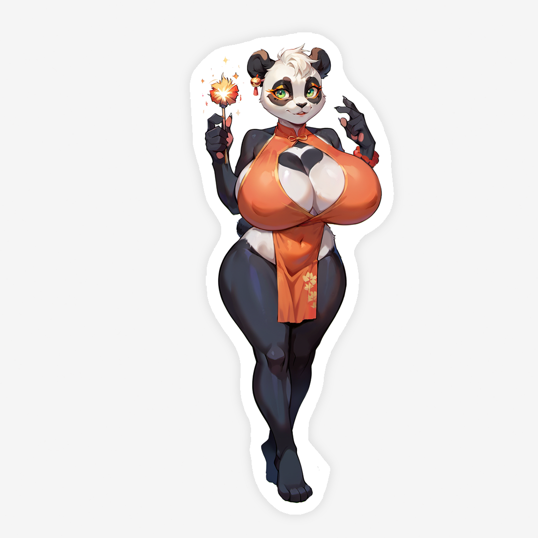 Oreo - 4 Versions - Oppai and Large - Cute Panda girl with sparkler in an orange dress