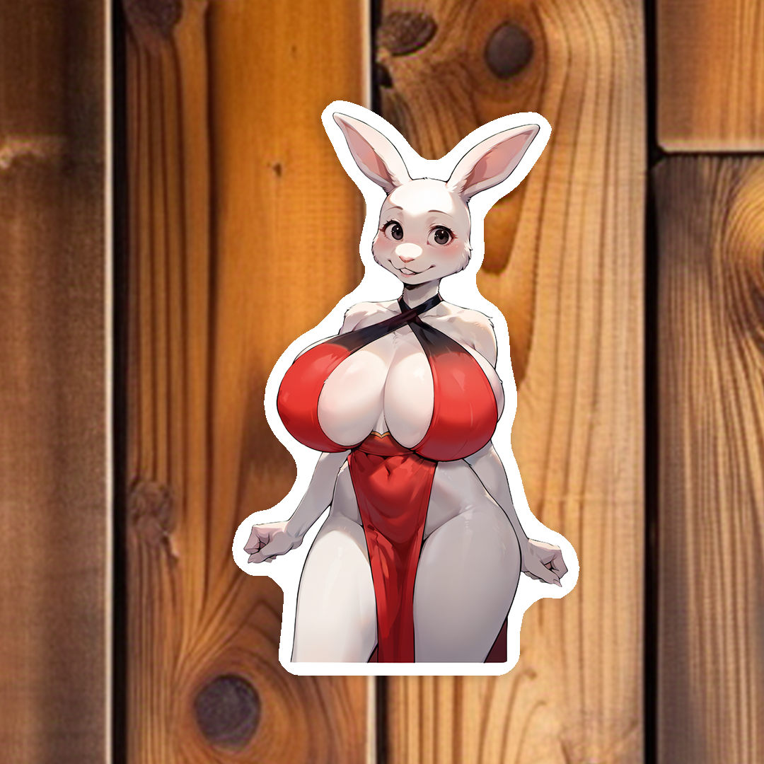 Haru - 6 versions - Red Dress - Beautiful white furred bunny girl