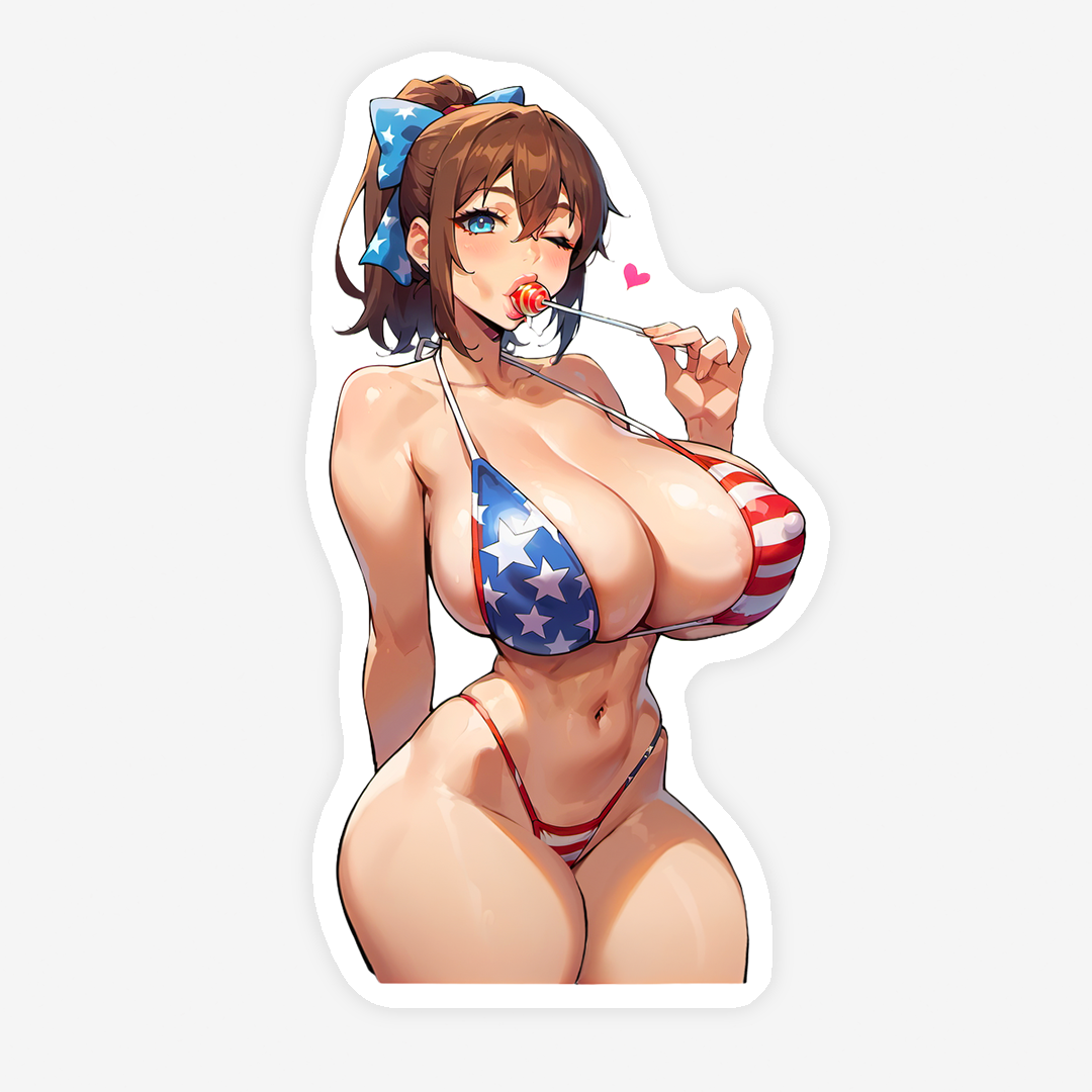 Aimi - American flag bikini, licking lollipop with a cute blue hair bow. 2 versions