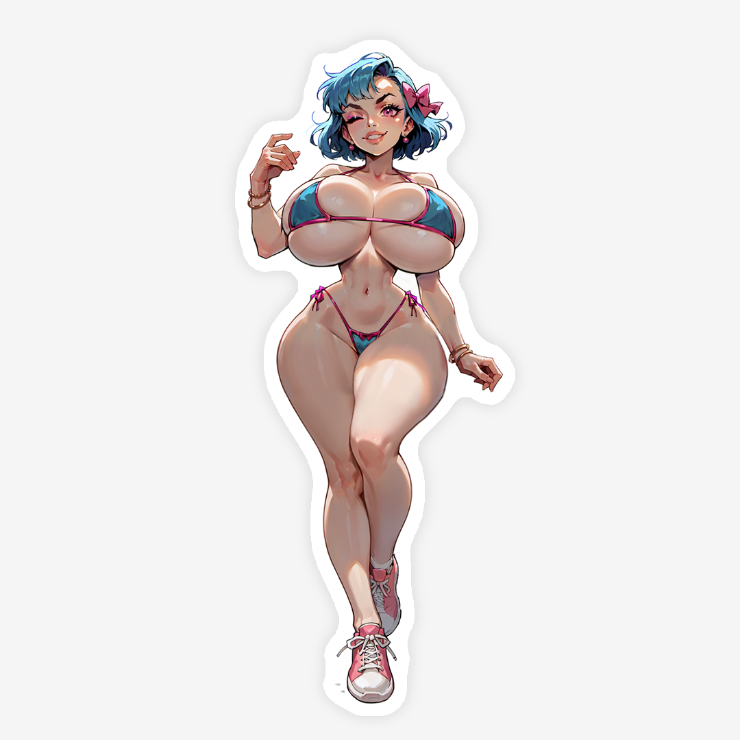 Blue Bubblegum - 2 Versions Anime Girl Sticker Pack, Lewd Blue Bubblegum Bikini Decal, NSFW Oppai Manga Art, Waifu, Mature Anime Stickers