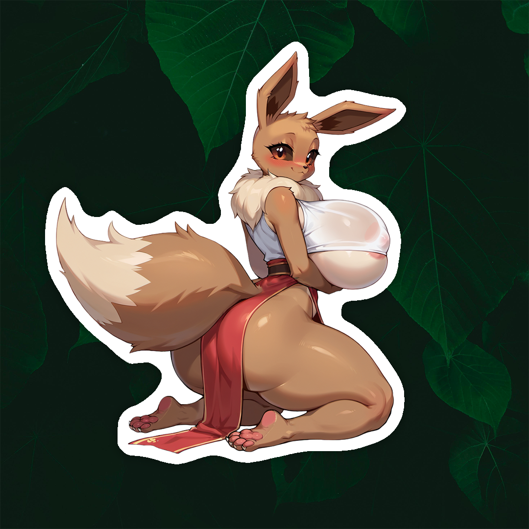 Eevee Kneeling in white short shirt and Red dress