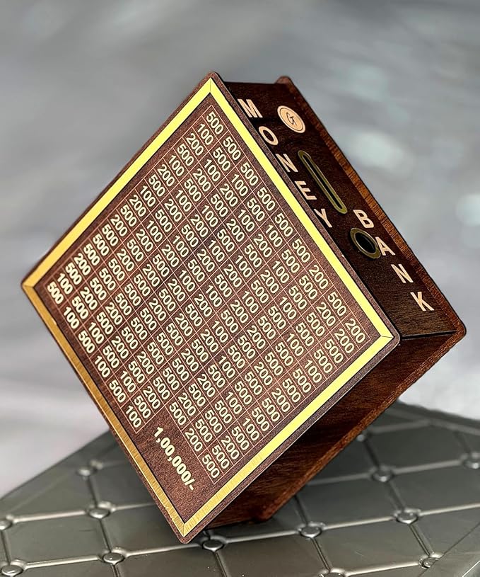 Kvitaluxedepot Wooden Money Saving Golden Box | Cash Saver Money Box with Counting Target Coin Bank  (Brown)