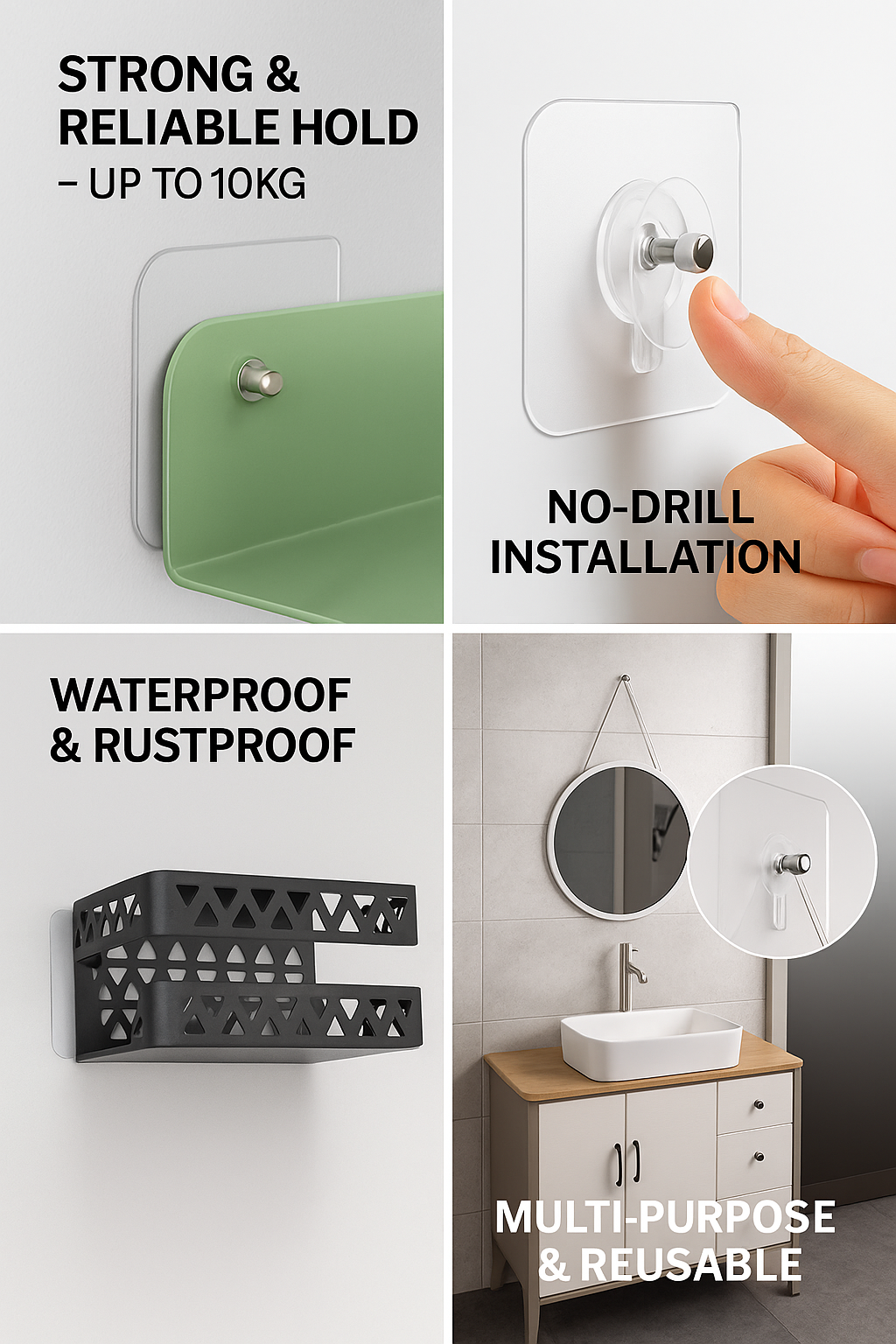 Adhesive Wall Hooks10 Pcs Stainless Steel, PVC, ABS Nail Free Seamless Adhesive Non-Trace No Drilling Installation Hanging, Waterproof Screws Wall Hook (Transparent)