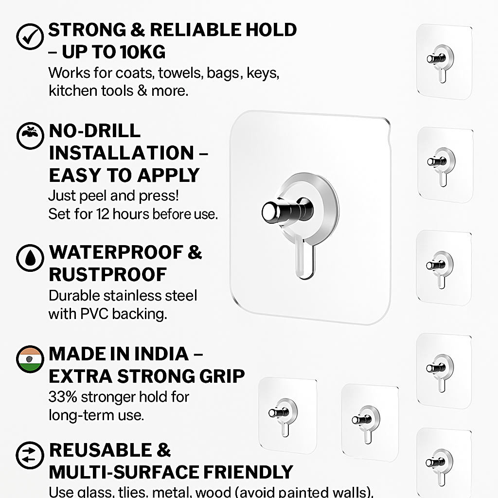 Adhesive Wall Hooks10 Pcs Stainless Steel, PVC, ABS Nail Free Seamless Adhesive Non-Trace No Drilling Installation Hanging, Waterproof Screws Wall Hook (Transparent)