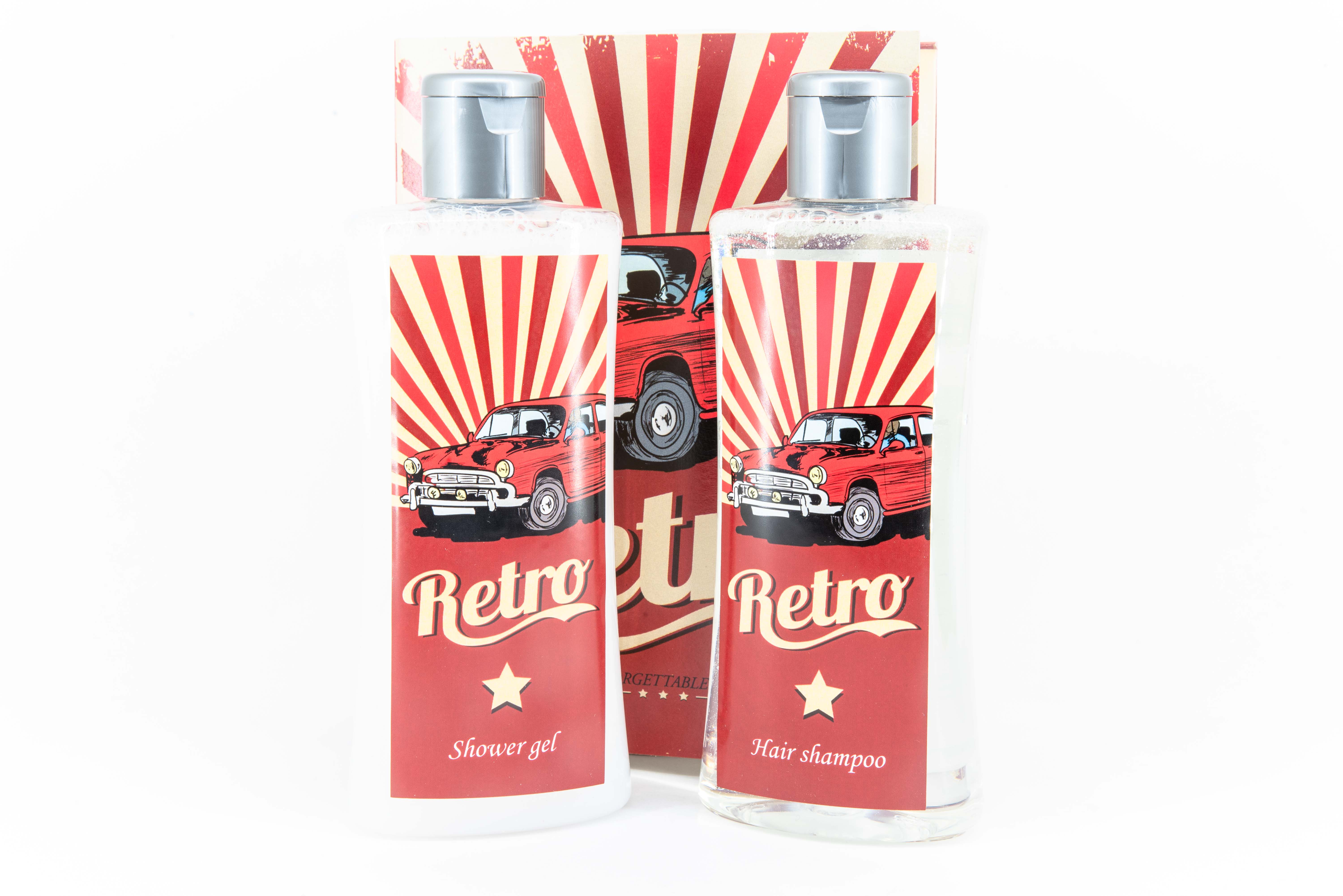 Retro shower gel and shampoo combo