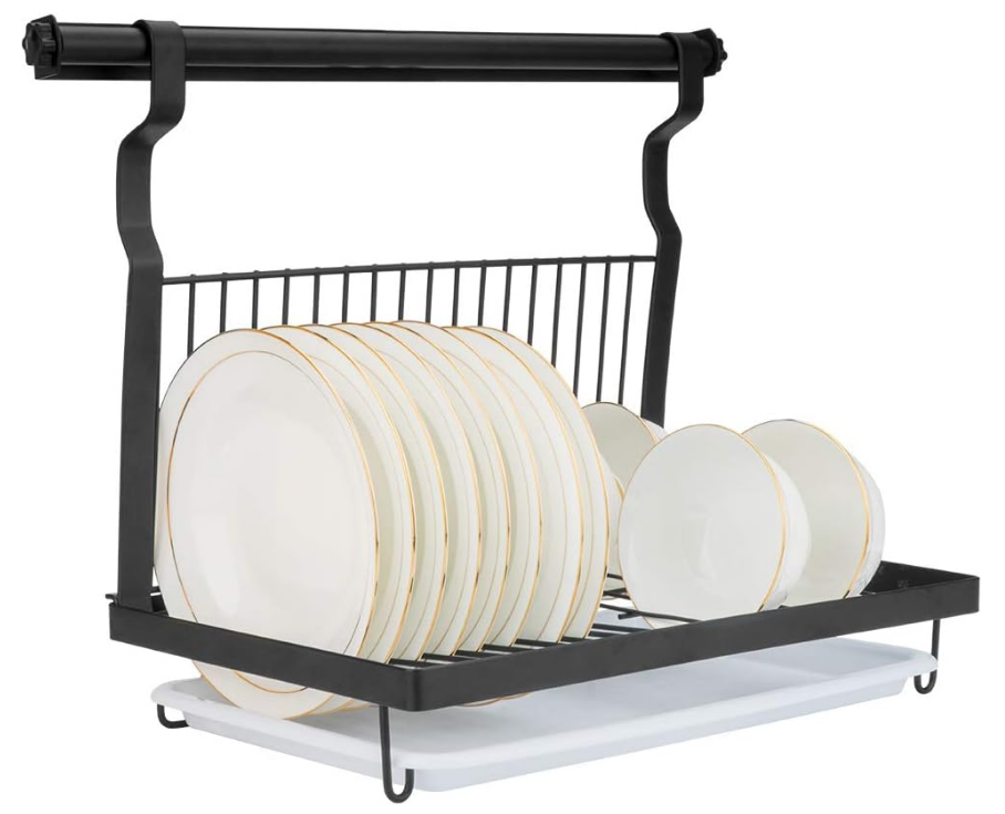 Wall-Mounted Dish Rack with Hanging Rod, Foldable Dish Drying Rack with Drainboard, Stainless Steel Dish Drainer, Black