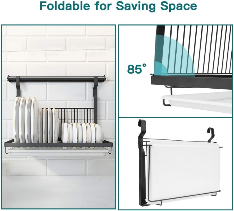 Wall-Mounted Dish Rack with Hanging Rod, Foldable Dish Drying Rack with Drainboard, Stainless Steel Dish Drainer, Black
