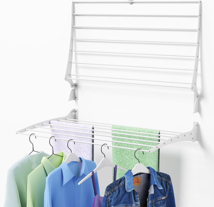 Wall Mounted Clothes Drying Rack, 31.5" Wide with 7 Stainless Steel Rods Drying Rack for Hanging Clothes Space Saving Design, 60 lb Capacity Foldable Laundry Clothes Drying Rack White