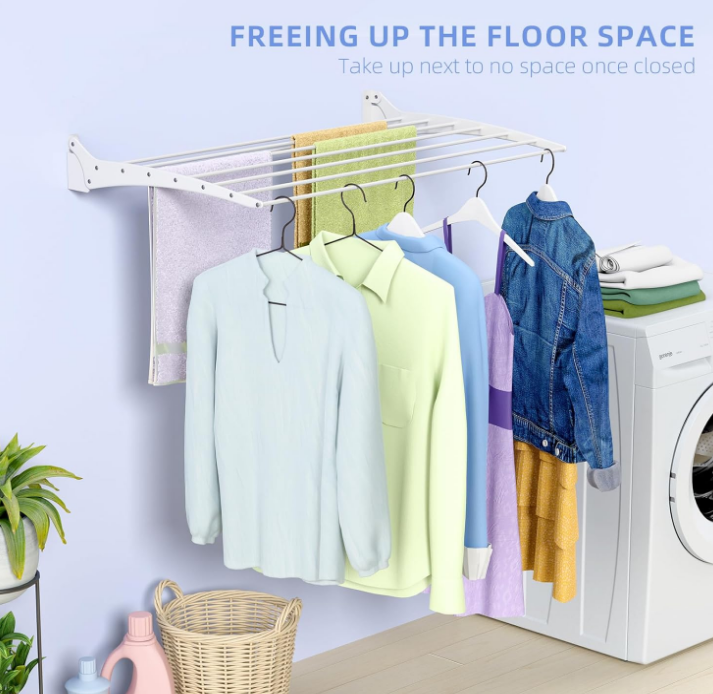 Wall Mounted Clothes Drying Rack, 31.5" Wide with 7 Stainless Steel Rods Drying Rack for Hanging Clothes Space Saving Design, 60 lb Capacity Foldable Laundry Clothes Drying Rack White