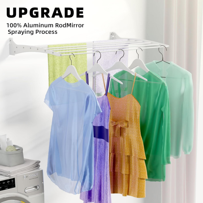 Wall Mounted Clothes Drying Rack, 31.5" Wide with 7 Stainless Steel Rods Drying Rack for Hanging Clothes Space Saving Design, 60 lb Capacity Foldable Laundry Clothes Drying Rack White