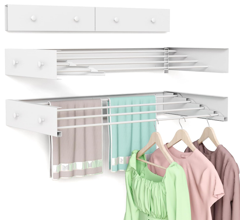 Clothes Drying Rack Wall Mounted for Laundry, Drying Rack Clothing Wall Mounted, 4 Aluminum Rods with 4 Hooks, Space-Saving Collapsible Wall Drying Rack for Indoor Outdoor (White, 23.6'')