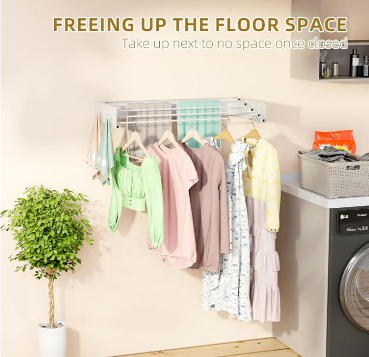 Clothes Drying Rack Wall Mounted for Laundry, Drying Rack Clothing Wall Mounted, 4 Aluminum Rods with 4 Hooks, Space-Saving Collapsible Wall Drying Rack for Indoor Outdoor (White, 23.6'')