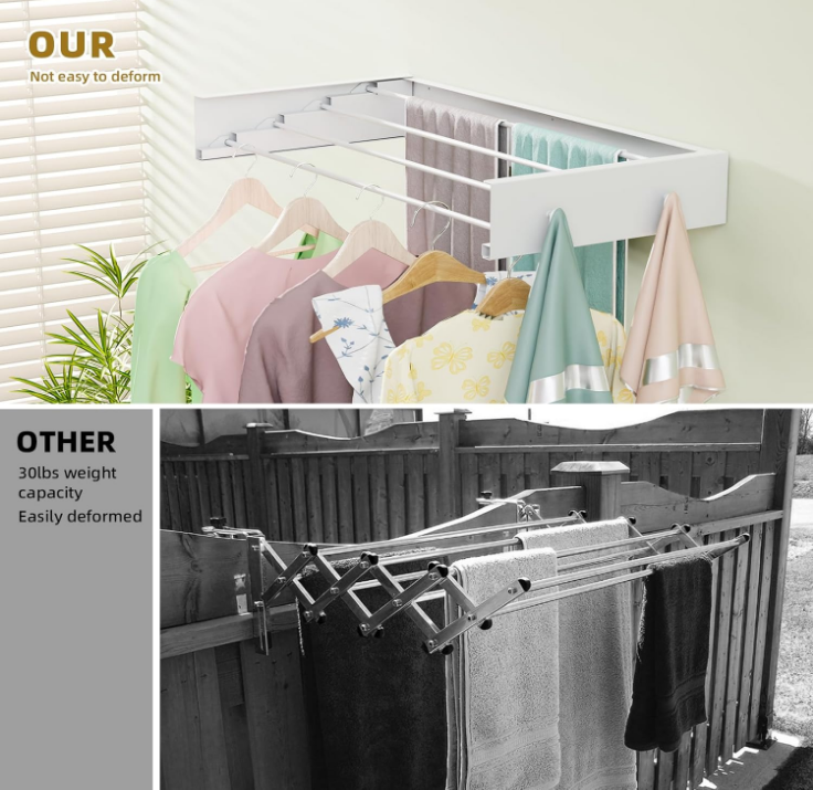 Clothes Drying Rack Wall Mounted for Laundry, Drying Rack Clothing Wall Mounted, 4 Aluminum Rods with 4 Hooks, Space-Saving Collapsible Wall Drying Rack for Indoor Outdoor (White, 23.6'')