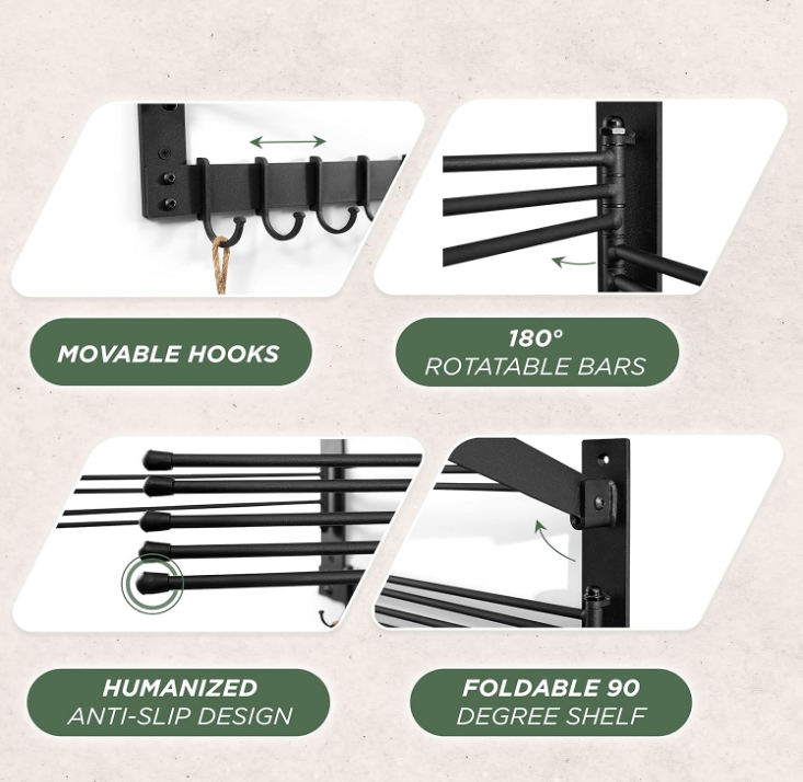 Laundry Clothes Drying Rack - Wall-Mounted Steel Laundry Clothes Organizer - Dryer Racks for Laundry Drying - Swivel Towel Hanger for Laundry Room - Space Saver in Bathroom (Steel)