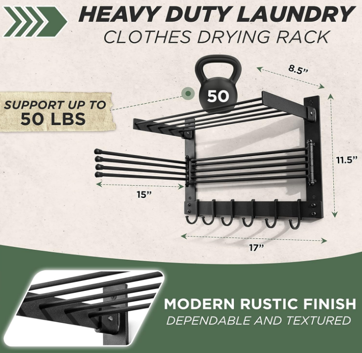 Laundry Clothes Drying Rack - Wall-Mounted Steel Laundry Clothes Organizer - Dryer Racks for Laundry Drying - Swivel Towel Hanger for Laundry Room - Space Saver in Bathroom (Steel)