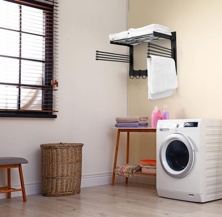Laundry Clothes Drying Rack - Wall-Mounted Steel Laundry Clothes Organizer - Dryer Racks for Laundry Drying - Swivel Towel Hanger for Laundry Room - Space Saver in Bathroom (Steel)