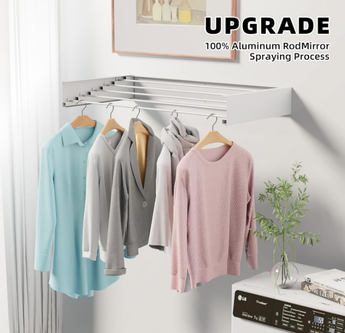 Laundry Drying Rack Collapsible, Wall Mounted, Clothes Drying Rack, 31.5" Wide, 13.2 Linear Ft, 5 Aluminum Rods, 60 lb Capacity, Laundry Racks for Drying Clothes with Wall Template(White 31.5" )