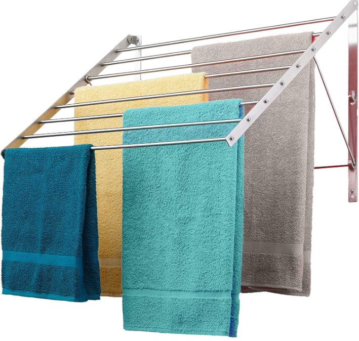 Wall Mounted | Clothes Drying Rack| 22" Wide |15 Linear Feet Capacity | 8 Smooth Round Stainless Steel Rods | 60 lb Capacity | Fully Assembled | Compact Sturdy Space-Saving Design