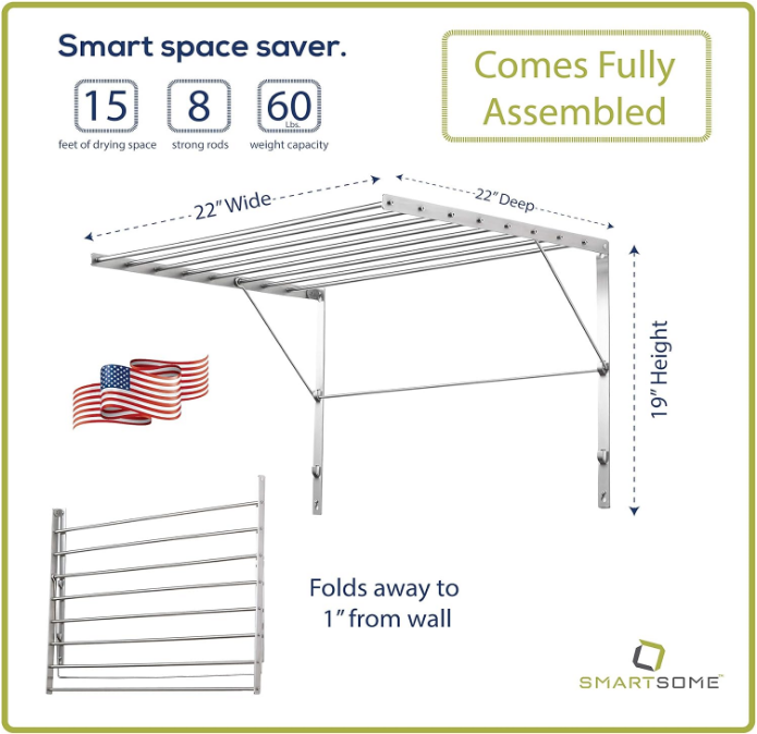 Wall Mounted | Clothes Drying Rack| 22" Wide |15 Linear Feet Capacity | 8 Smooth Round Stainless Steel Rods | 60 lb Capacity | Fully Assembled | Compact Sturdy Space-Saving Design