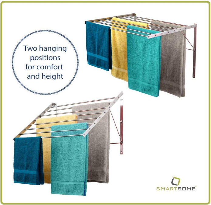 Wall Mounted | Clothes Drying Rack| 22" Wide |15 Linear Feet Capacity | 8 Smooth Round Stainless Steel Rods | 60 lb Capacity | Fully Assembled | Compact Sturdy Space-Saving Design