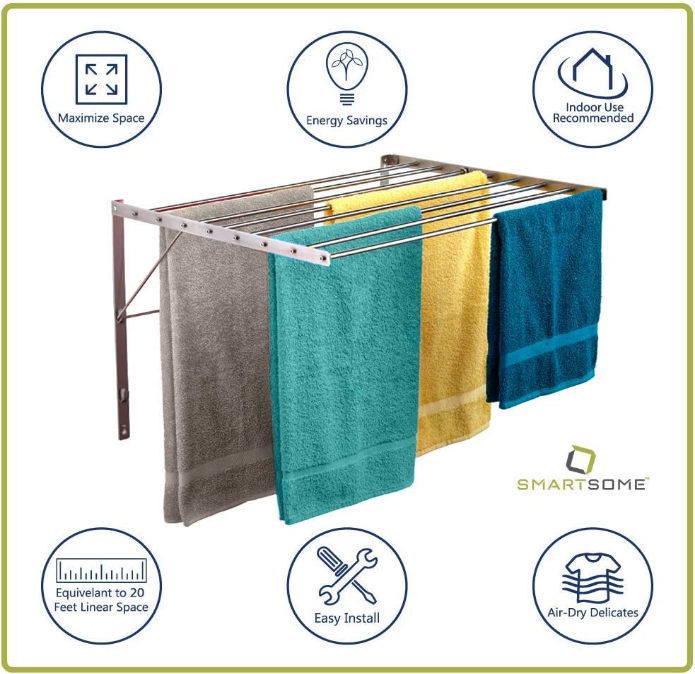 Wall Mounted | Clothes Drying Rack| 22" Wide |15 Linear Feet Capacity | 8 Smooth Round Stainless Steel Rods | 60 lb Capacity | Fully Assembled | Compact Sturdy Space-Saving Design