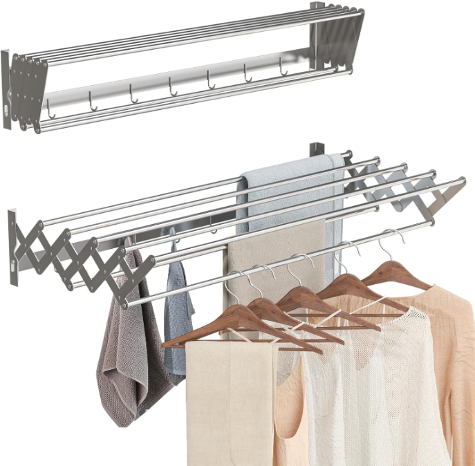 Wall Mounted Drying Racks, Large 31.5" Stainless Steel Wall Retractable Drying Rack for Laundry，7 Rods Wall Collapsible Clothes Drying Rack, Wall Pull Down Drying Rack Load-Bearing 60 lbs