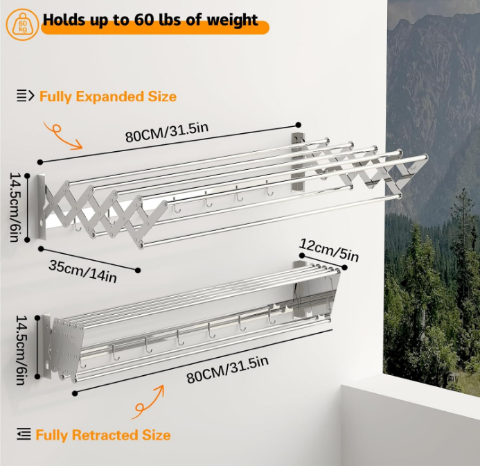 Wall Mounted Drying Racks, Large 31.5" Stainless Steel Wall Retractable Drying Rack for Laundry，7 Rods Wall Collapsible Clothes Drying Rack, Wall Pull Down Drying Rack Load-Bearing 60 lbs