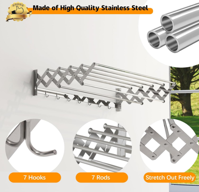 Wall Mounted Drying Racks, Large 31.5" Stainless Steel Wall Retractable Drying Rack for Laundry，7 Rods Wall Collapsible Clothes Drying Rack, Wall Pull Down Drying Rack Load-Bearing 60 lbs