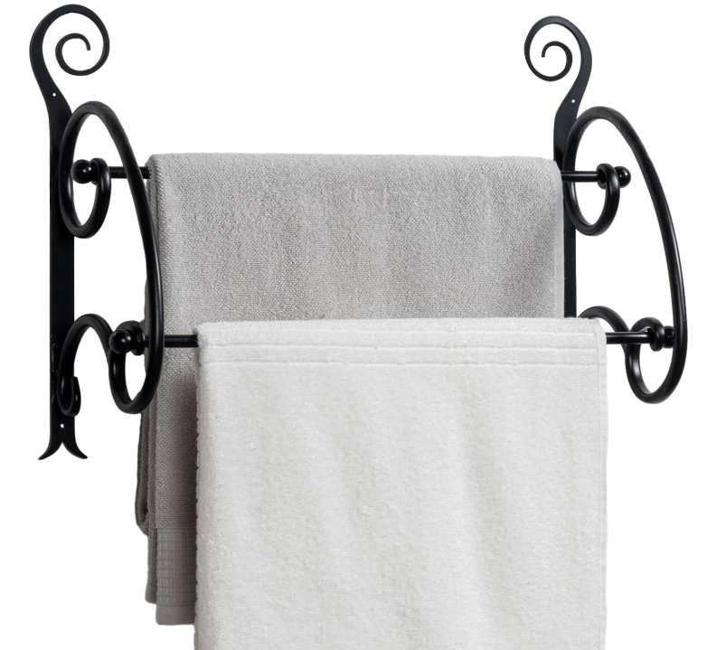 2 Tier Wall Mounted Matte Black Metal Bath Towel Holder with Scrollwork Design, Bathroom Double Bar Storage Rack for Hanging Towels or Drying Clothing