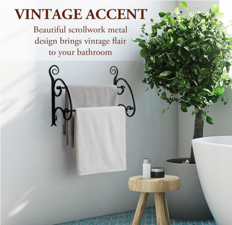2 Tier Wall Mounted Matte Black Metal Bath Towel Holder with Scrollwork Design, Bathroom Double Bar Storage Rack for Hanging Towels or Drying Clothing