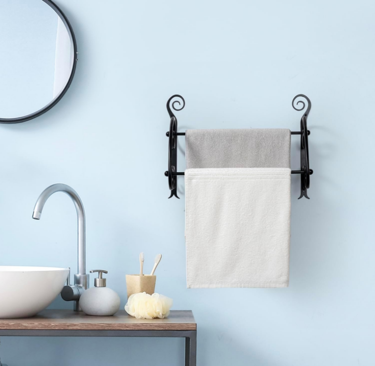 2 Tier Wall Mounted Matte Black Metal Bath Towel Holder with Scrollwork Design, Bathroom Double Bar Storage Rack for Hanging Towels or Drying Clothing
