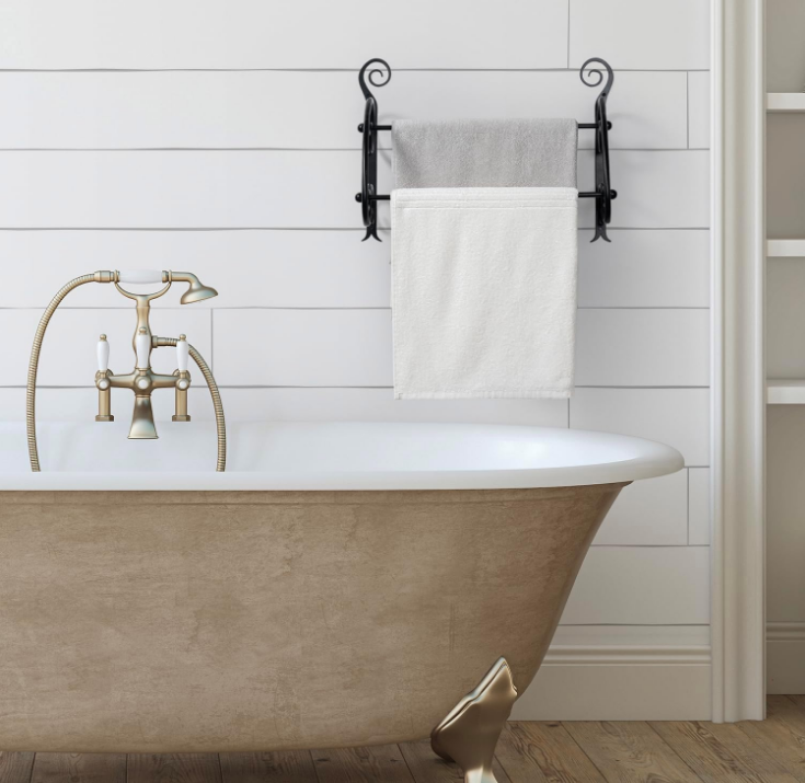 2 Tier Wall Mounted Matte Black Metal Bath Towel Holder with Scrollwork Design, Bathroom Double Bar Storage Rack for Hanging Towels or Drying Clothing