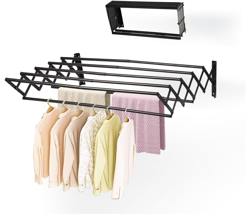 XL-31.5'' Wall Mounted Clothes Drying Rack, 130 lbs Large Capacity Rustproof Retractable Collapsible Drying Rack Easy Install with 7 Drying Rods, Space Saving Towel Drying Rack for Laundry-Black