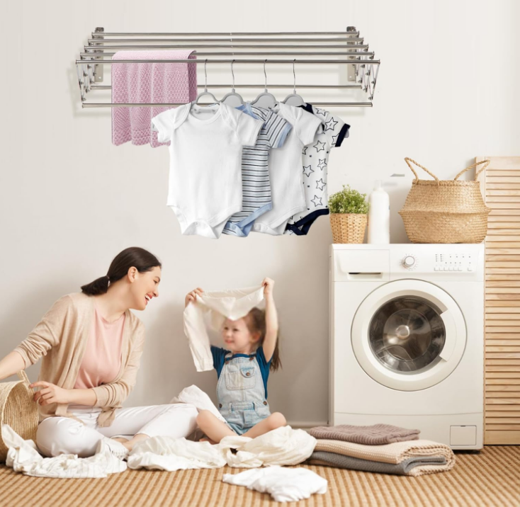 XL-31.5'' Wall Mounted Clothes Drying Rack, 130 lbs Large Capacity Rustproof Retractable Collapsible Drying Rack Easy Install with 7 Drying Rods, Space Saving Towel Drying Rack for Laundry-Black