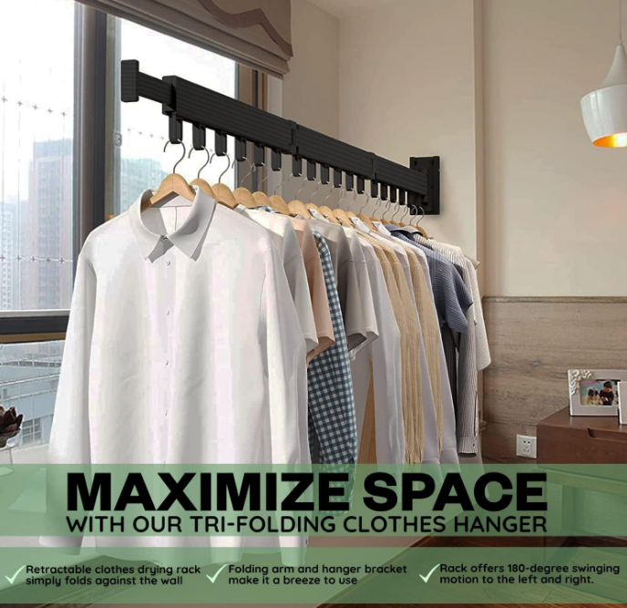 Wall Mounted Clothes Drying Rack For Laundry Room Organization, Folding and Collapsible Indoor Laundry Hanger Dryer Rack, Sturdy Foldable Hanging Organizer for Clothing, Black, Steel, 220 Lb Rating