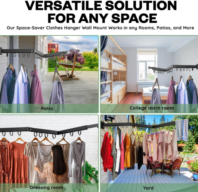 Wall Mounted Clothes Drying Rack For Laundry Room Organization, Folding and Collapsible Indoor Laundry Hanger Dryer Rack, Sturdy Foldable Hanging Organizer for Clothing, Black, Steel, 220 Lb Rating