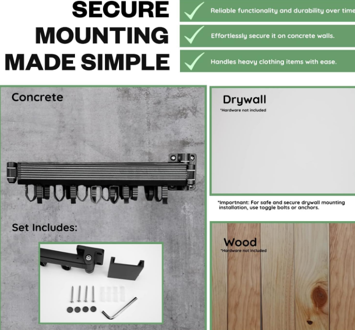 Wall Mounted Clothes Drying Rack For Laundry Room Organization, Folding and Collapsible Indoor Laundry Hanger Dryer Rack, Sturdy Foldable Hanging Organizer for Clothing, Black, Steel, 220 Lb Rating