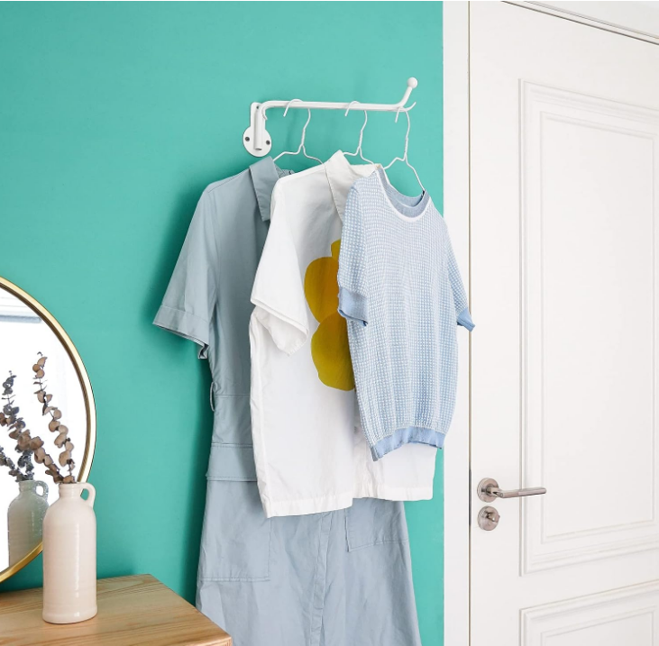 Wall Mounted Clothes Hanger with Swing Arm Holder Valet Hook Metal Hanging Laundry Drying Rack Space Saver for Closet Organizer, Laundry Room Organization Bathroom, Bedroom,2 Pcs, White