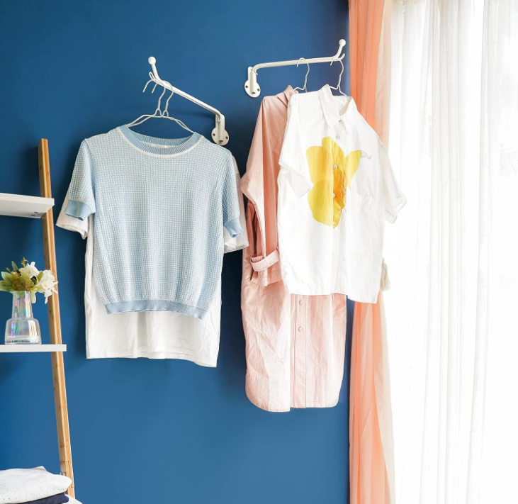 Wall Mounted Clothes Hanger with Swing Arm Holder Valet Hook Metal Hanging Laundry Drying Rack Space Saver for Closet Organizer, Laundry Room Organization Bathroom, Bedroom,2 Pcs, White