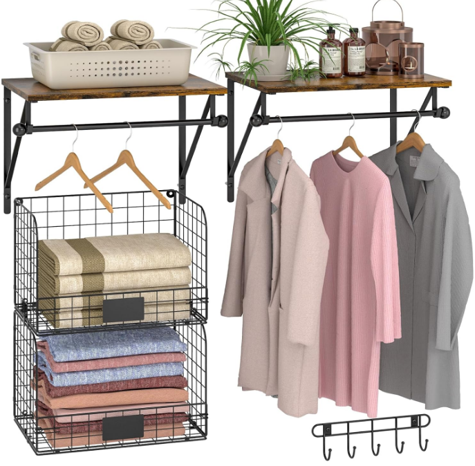 Laundry Room Shelves Wall Mounted with Wire Baskets, Over the Washer and Dryer Shelf with Clothes Drying Rack, Wire Shelves Baskets for Laundry Closet Organization and Storage, Wood+Metal, Black