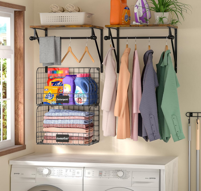 Laundry Room Shelves Wall Mounted with Wire Baskets, Over the Washer and Dryer Shelf with Clothes Drying Rack, Wire Shelves Baskets for Laundry Closet Organization and Storage, Wood+Metal, Black