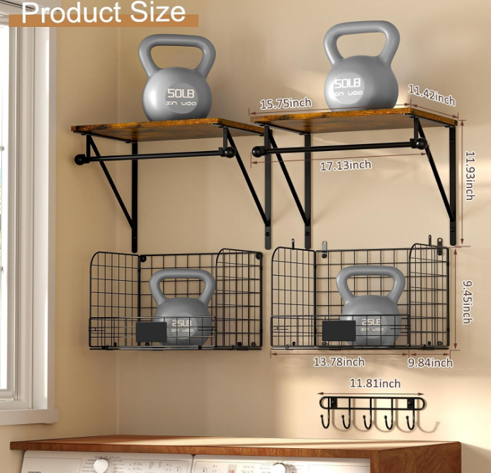 Laundry Room Shelves Wall Mounted with Wire Baskets, Over the Washer and Dryer Shelf with Clothes Drying Rack, Wire Shelves Baskets for Laundry Closet Organization and Storage, Wood+Metal, Black