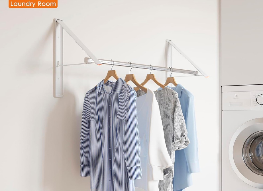 Wall Clothes Drying Rack Extendable Rod, Collapsible Clothing Racks for Hanging, Retractable Hanger Wall Mount, 31.5" Metal Rod, Handy Closet Organizer, Bathroom Balcony Rv Indoor (White)