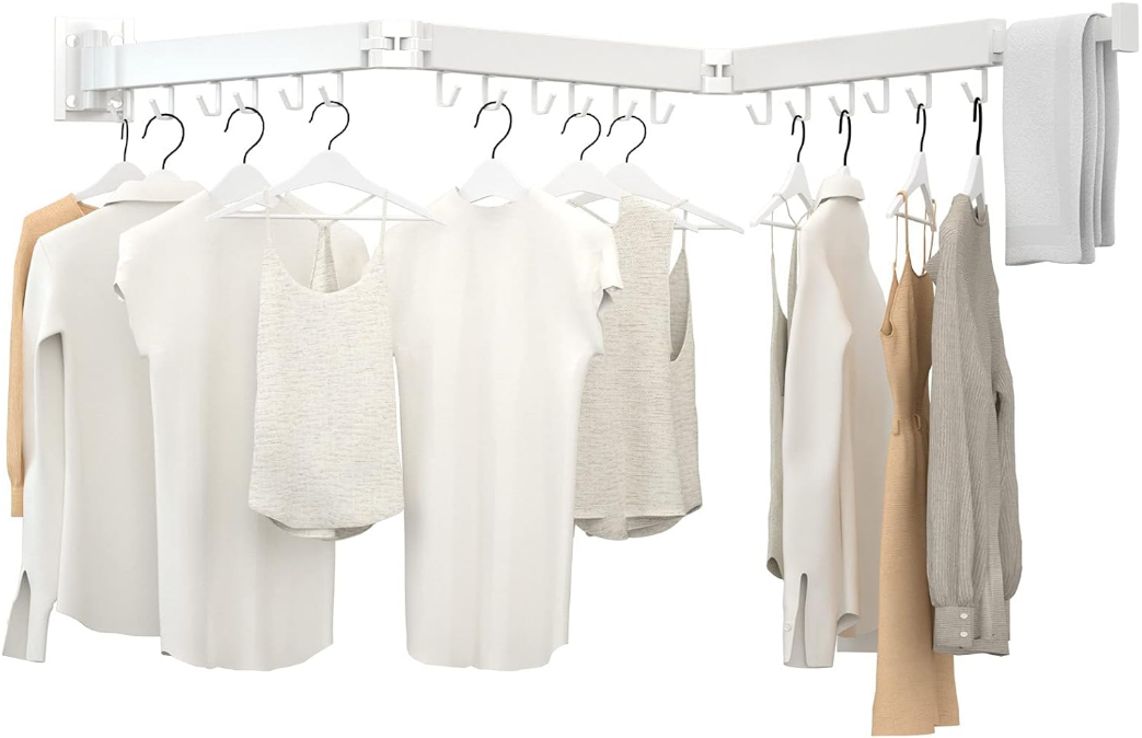 Clothes Drying Rack, 3 Fold White Laundry Drying Rack, Wall Mounted Clothes Hanger, Space Saver, Foldable Durable, for Balcony, Laundry, Bathroom, Patio, Apartment, Dormitory