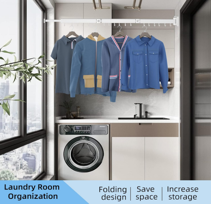 Clothes Drying Rack, 3 Fold White Laundry Drying Rack, Wall Mounted Clothes Hanger, Space Saver, Foldable Durable, for Balcony, Laundry, Bathroom, Patio, Apartment, Dormitory