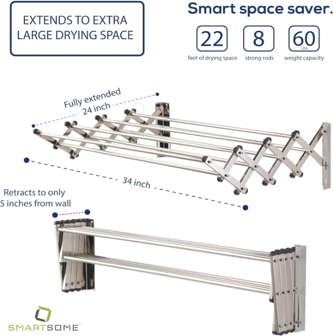 Space Saver Fold Away Racks: Stainless Steel Wall Mounted Laundry Drying Rack, Easy To Install - 8 34" Rods, Total: 22.5 Linear Ft, 60 lb Capacity- Indoor and Outdoor Use